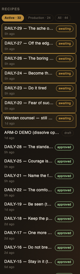 The recipe queue — drafts, awaiting approval, approved